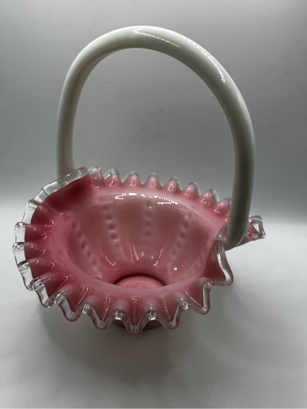 Fenton Pink & White Hobnail Glass Basket with Clear Ruffle